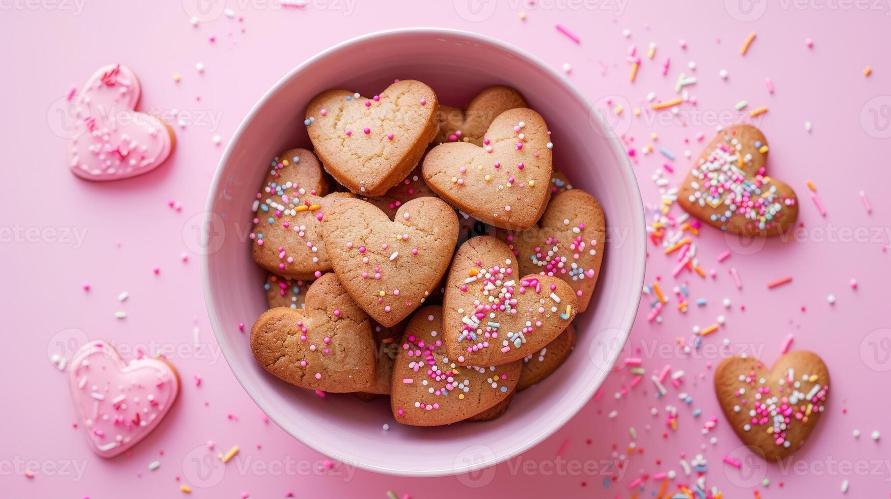 ai generado en forma de corazon galletas con asperja en un bol, conjunto en contra un rosado fondo, ai generado foto