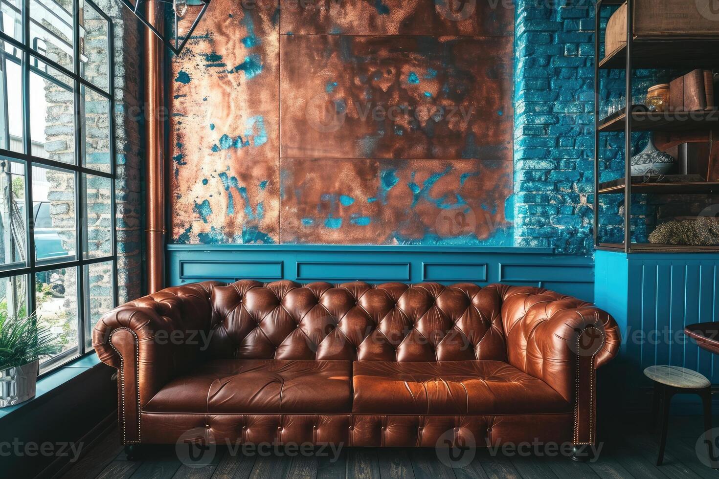 AI generated Experience the allure of a gorgeous modern industrial interior with a leather sofa in rich brown and blue hues. Ai Generated photo