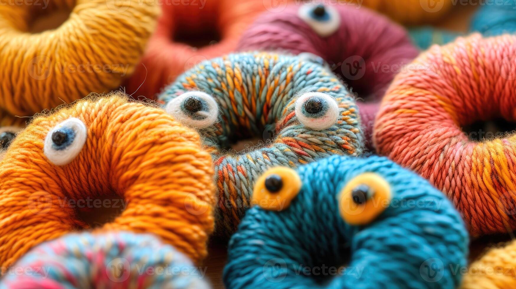 AI generated A close-up view of a collection of yarn and knitted donuts with expressive eyes, blending creativity and whimsy in a charming composition, Ai Generated. photo