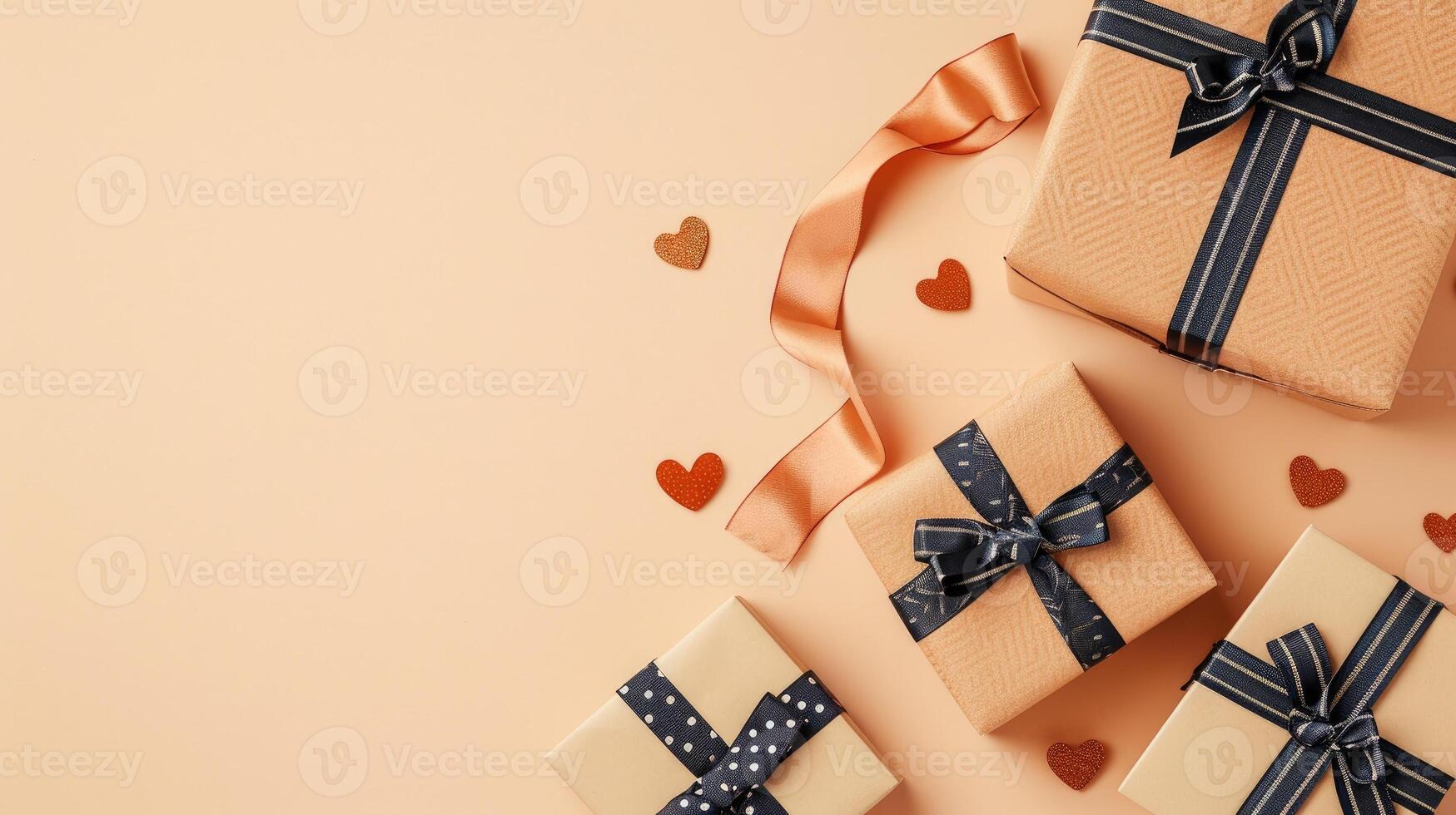 AI generated Innovative Father's Day design concept. A top view flat lay featuring a gift box, ribbon, tie, and hearts, set against a beige backdrop with room for text or advertising, Ai Generated. photo