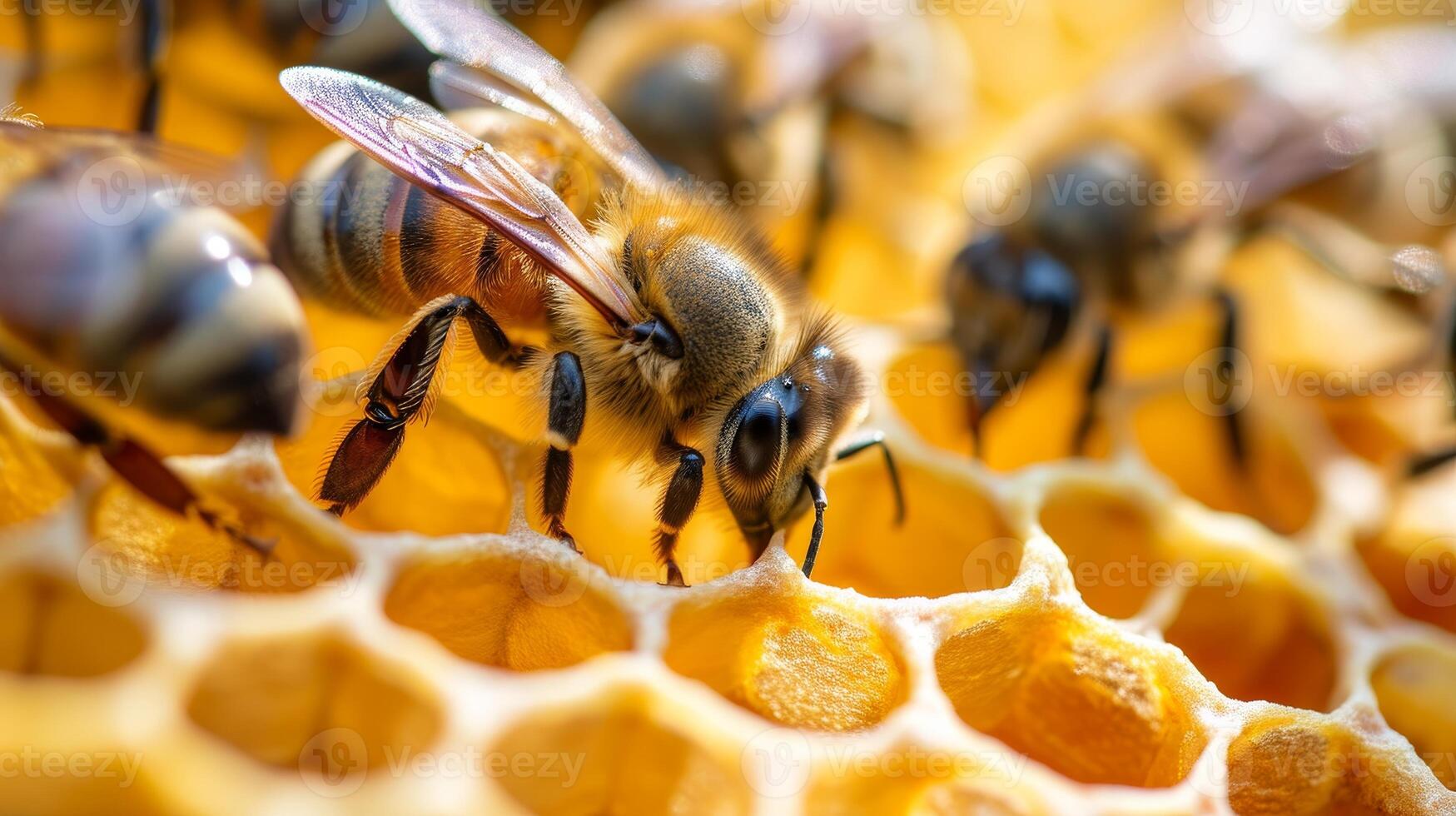 ai generado de cerca macro Disparo vitrinas abejas diligentemente trabajando en un panal, un urticaria bullicioso actividad, ai generado foto