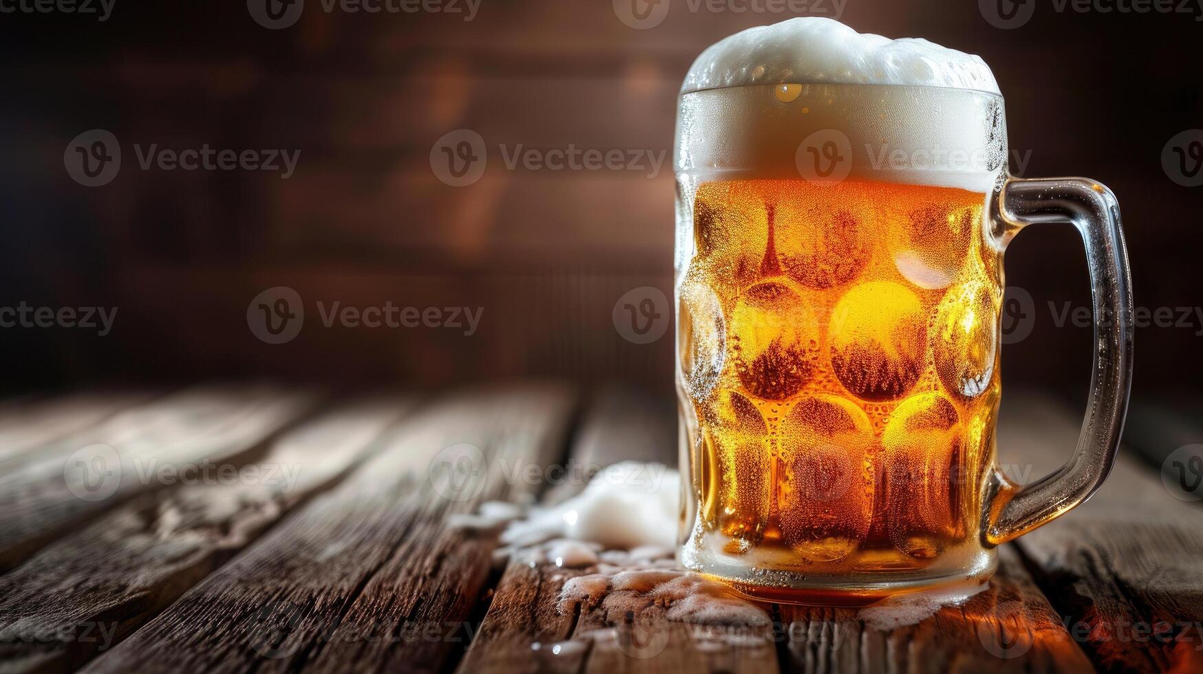 ai generado un jarra de cerveza en un de madera mesa, ai generado foto