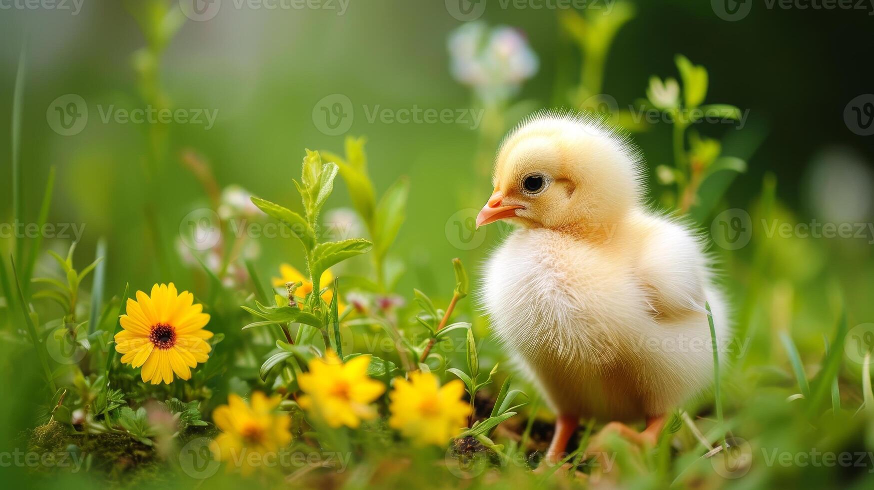 AI generated Small yellow chick sits amidst the grass next to colorful flowers, a scene of youthful innocence, Ai Generated. photo