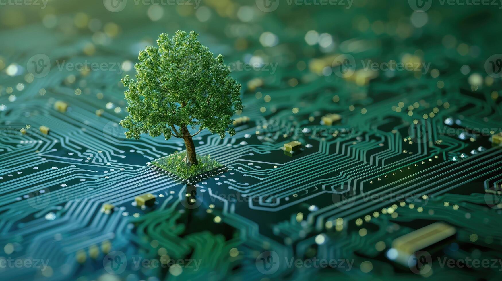 AI generated Green computing depicted as a tree sprouting at the convergence of a computer circuit board, Ai Generated photo