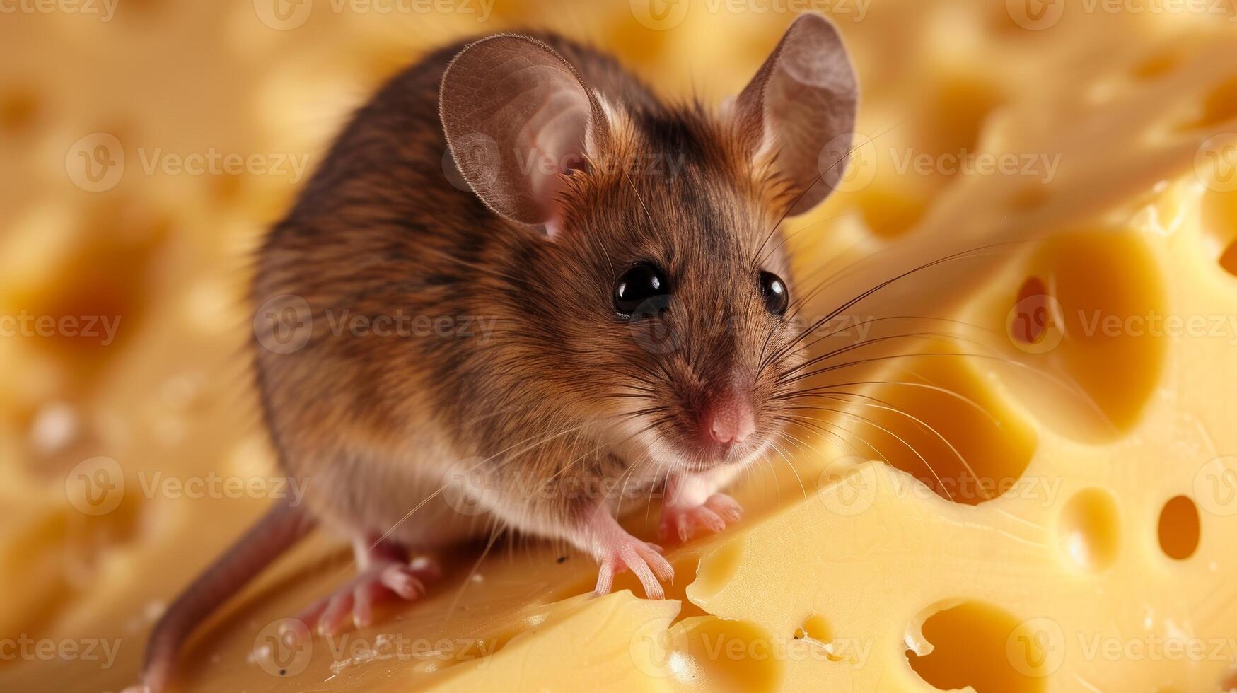 AI generated Close-up of a mouse perched on top of cheese, tempted by its savory aroma, Ai Generated. photo