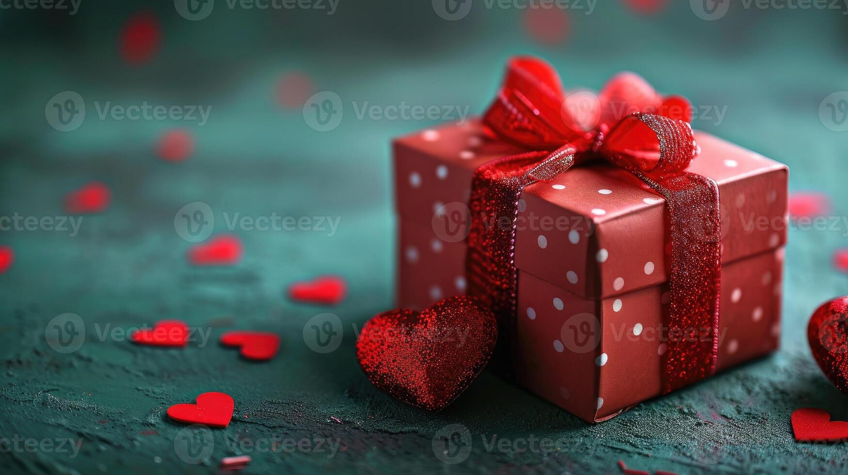 AI generated Red gift box paired with festive red hearts against a green backdrop, Ai Generated photo