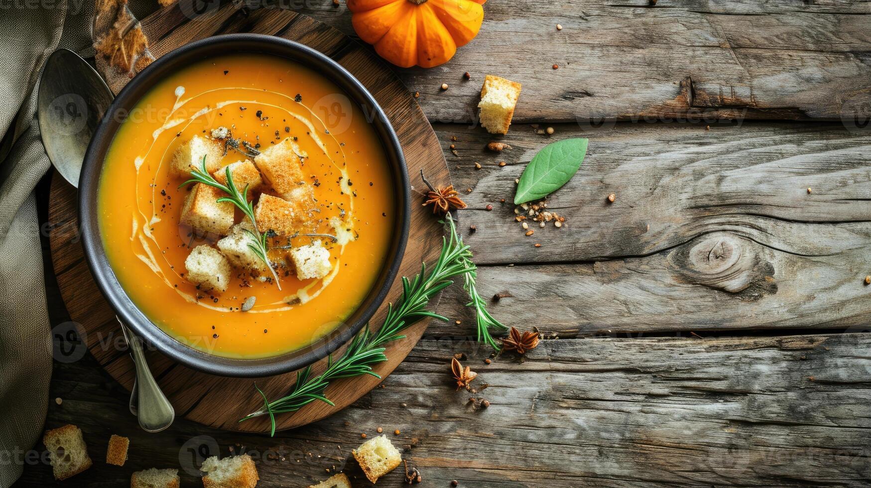 AI generated Pumpkin and carrot cream soup served on a rustic wooden table. Fall-inspired pumpkin cream soup garnished with rosemary and croutons, Ai Generated. photo