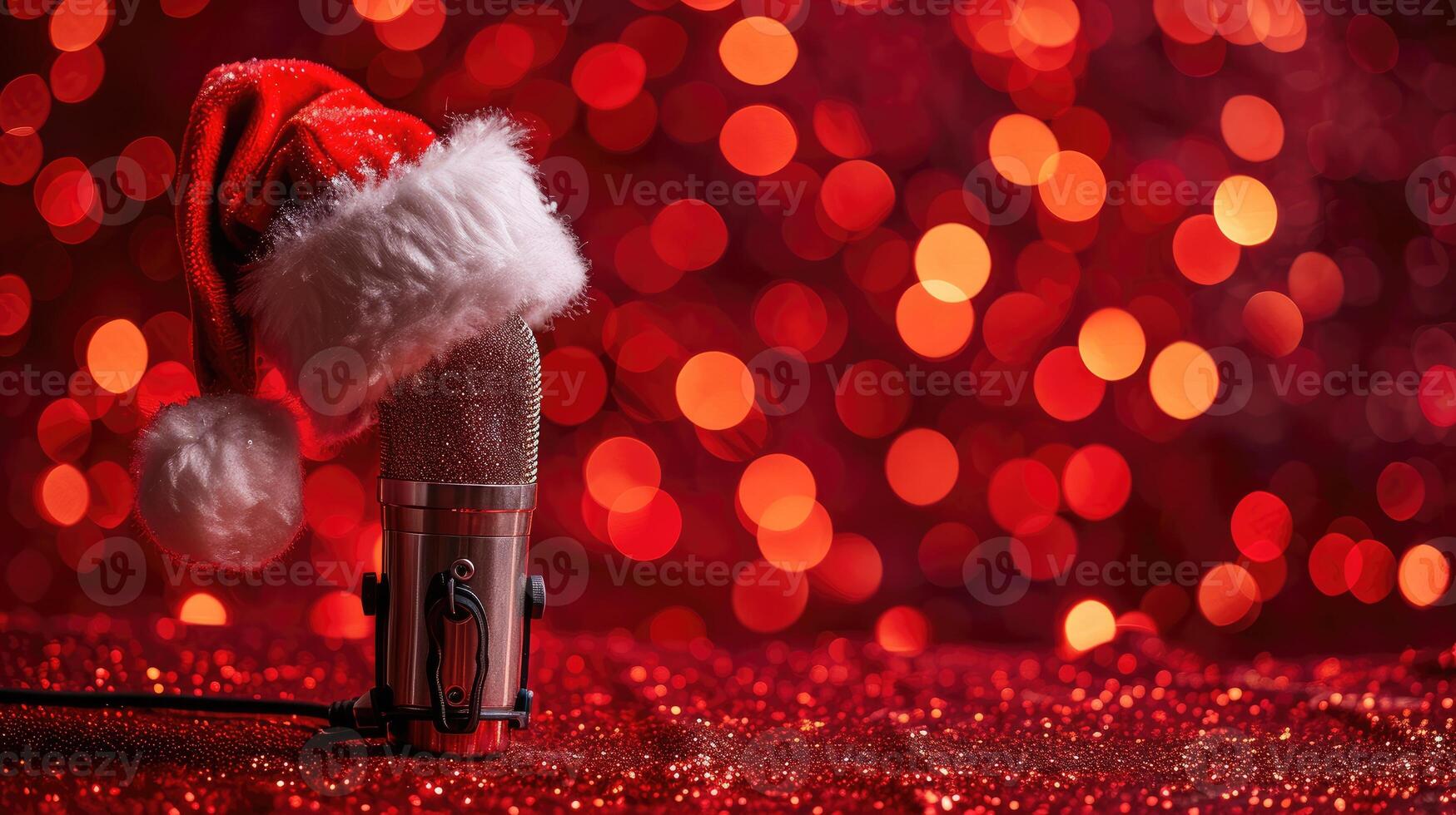 AI generated Santa Claus hat on a microphone, set against a shiny red celebration background, Ai Generated. photo