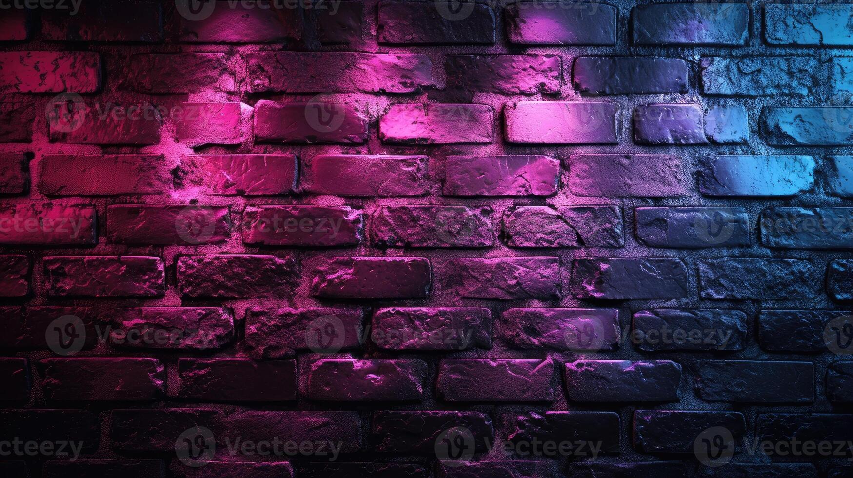 AI generated Black brick wall background with neon lighting effect from pink and purple to blue, Ai Generated. photo