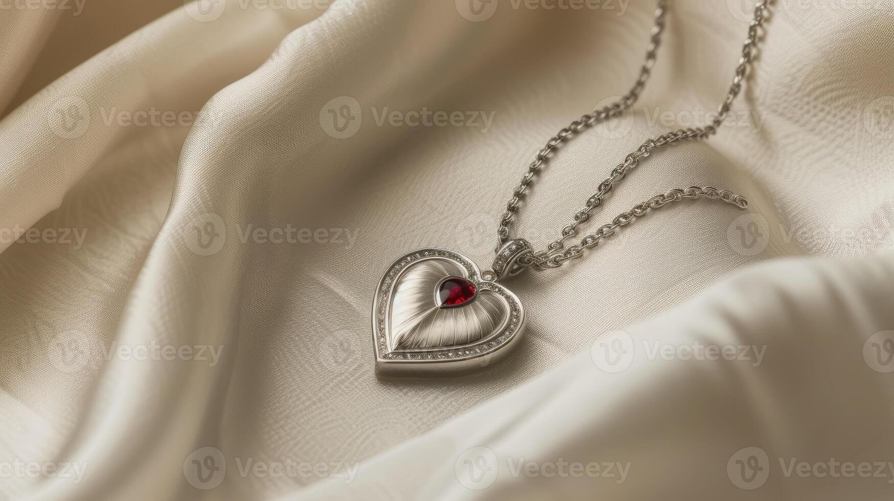 AI generated Diamond and ruby heart pendant on satin, a blend of luxury and romance, Ai Generated photo