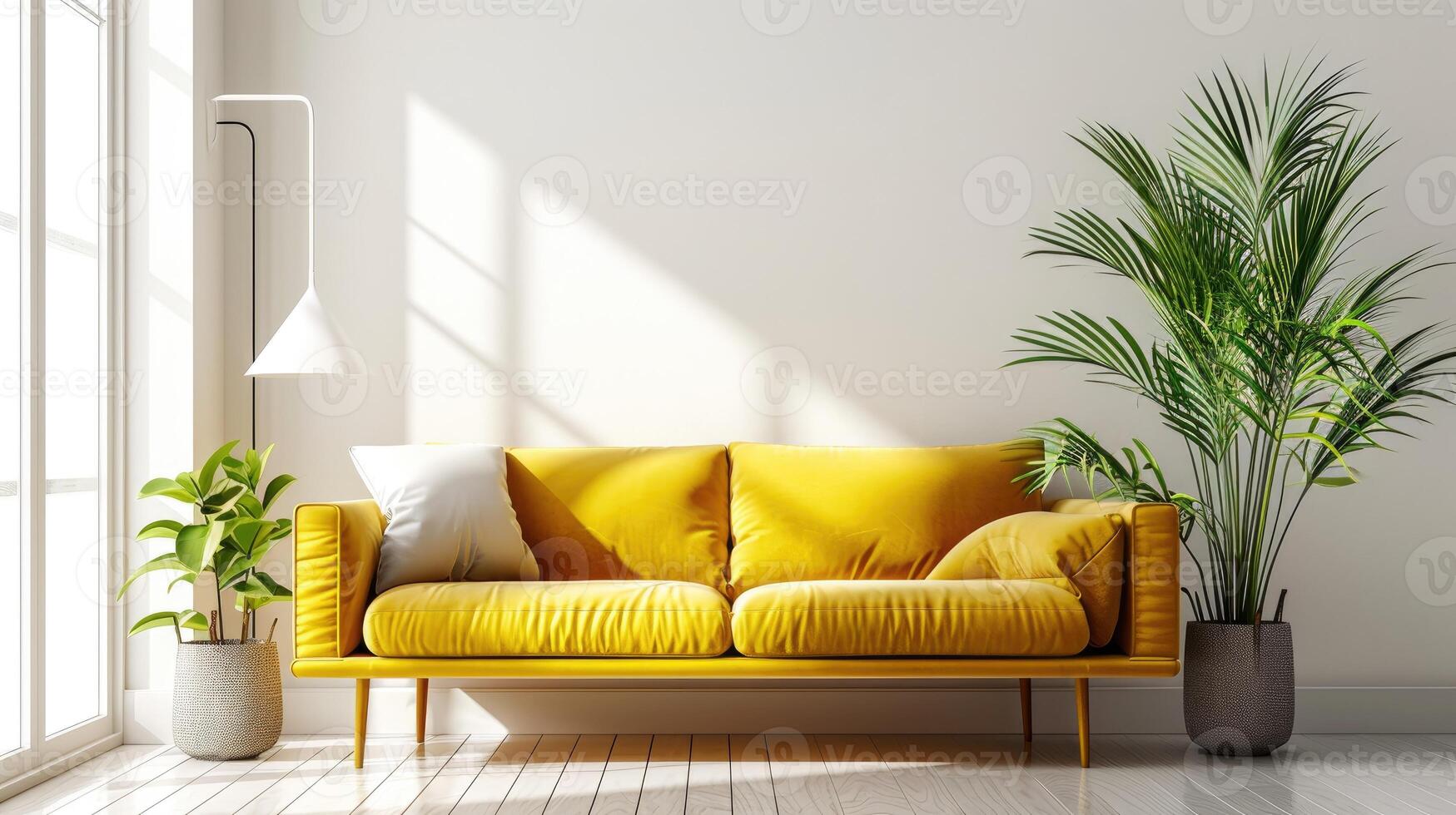 ai generado un atractivo y Fresco vivo habitación presentando un amarillo sofá y un lozano verde planta. ai generado foto