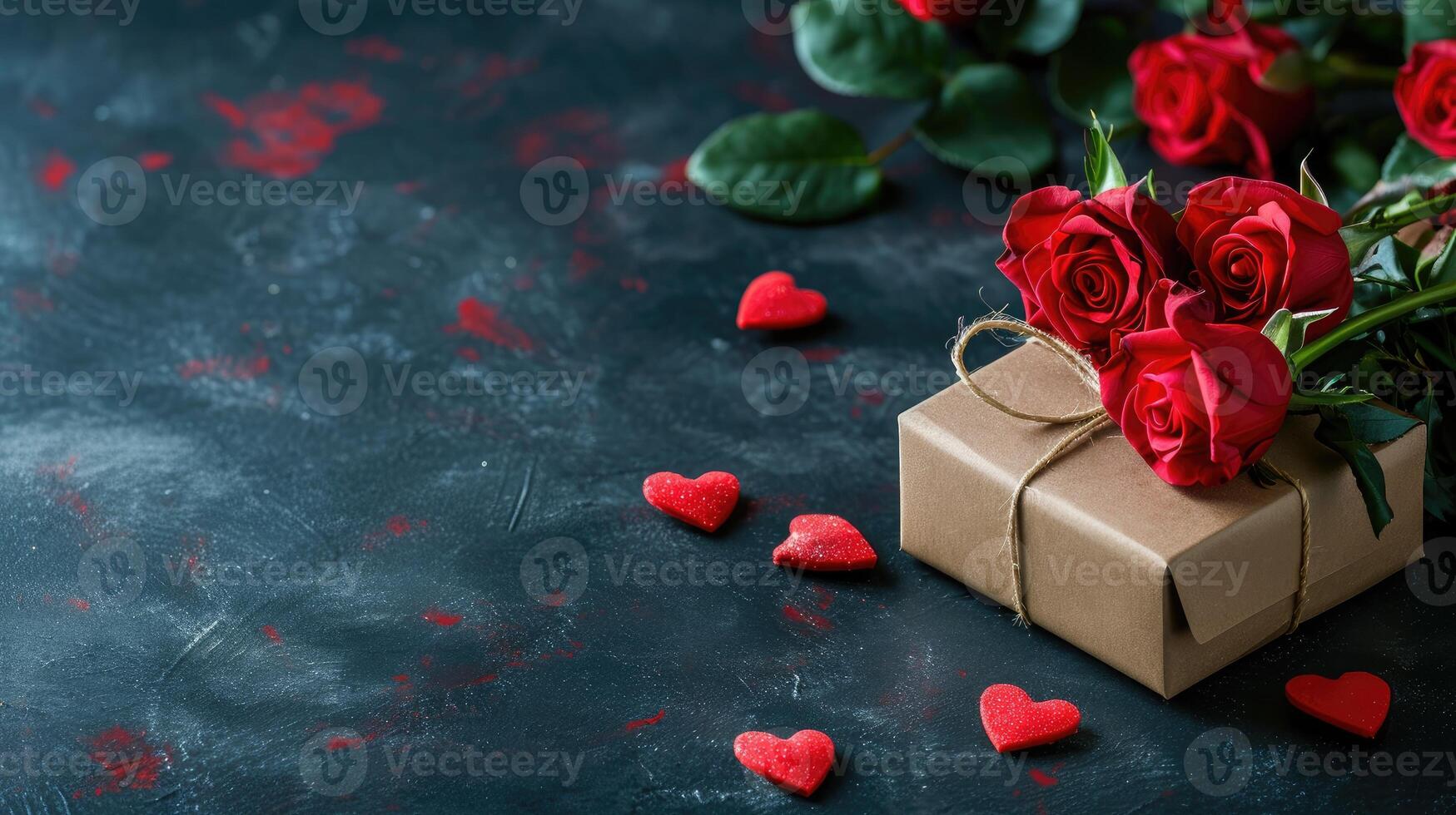 AI generated Gift box accompanied by a bouquet of fresh roses and celebratory red hearts set against a dark backdrop, Ai Generated photo