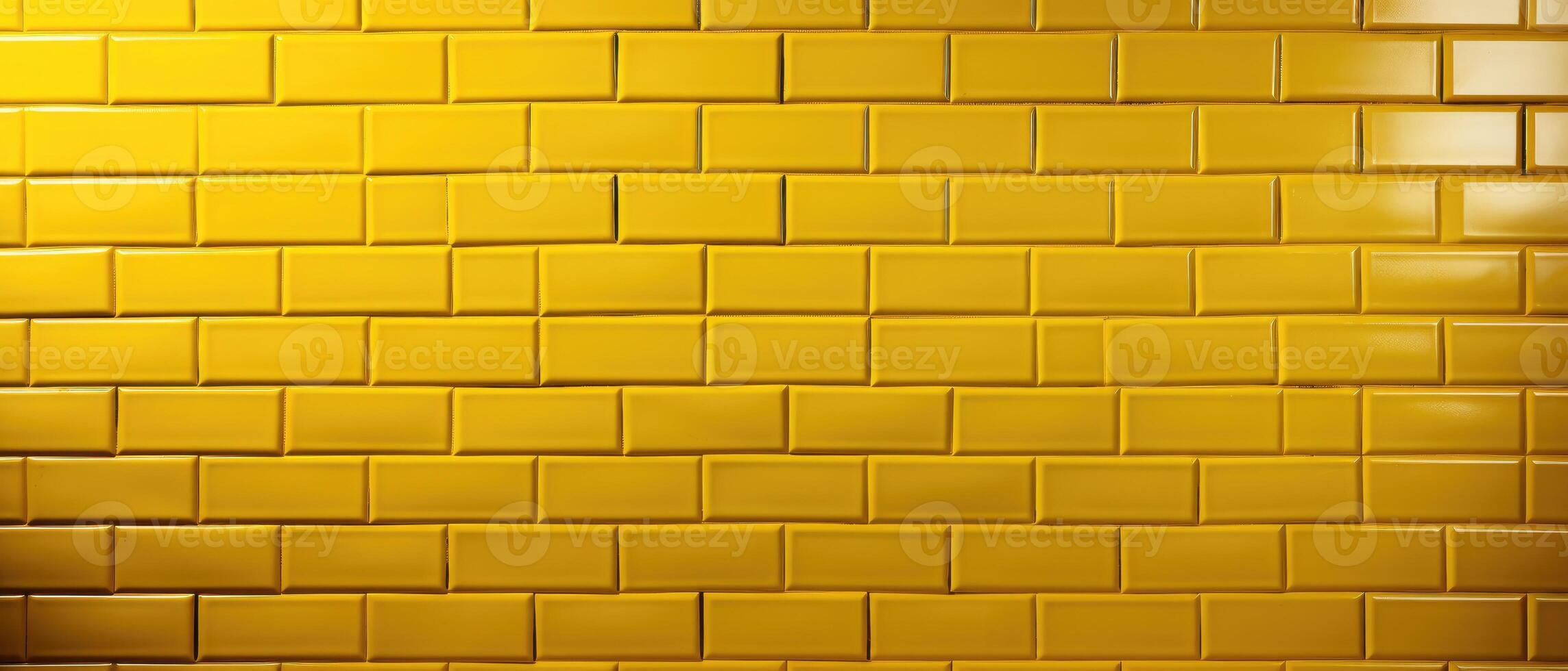 AI generated A wide background banner panorama showcasing yellow-colored square brick subway tiles wall texture, Ai Generated. photo