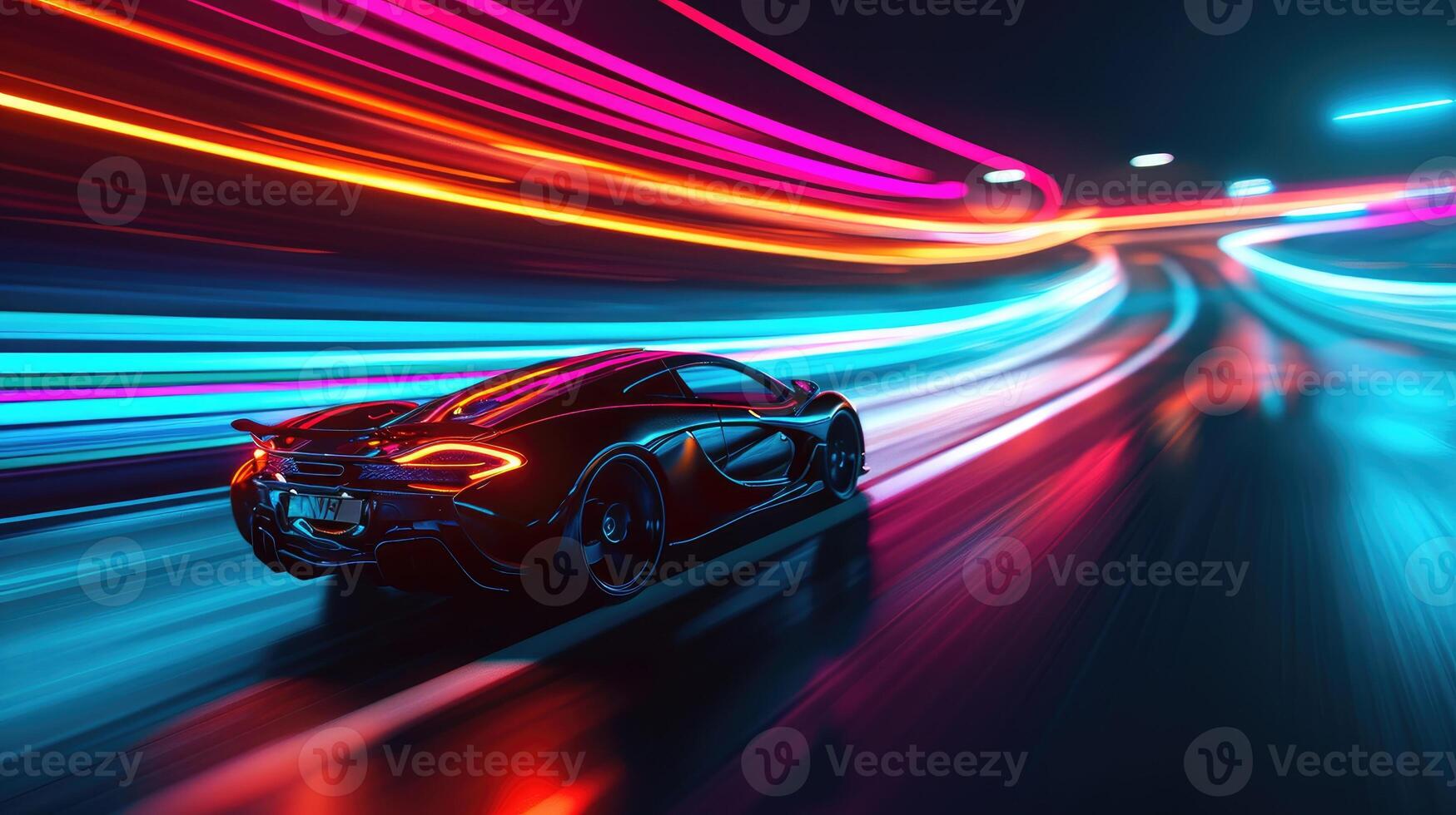 AI generated Witness a high-speed sports car racing on a neon-lit highway, Ai Generated. photo