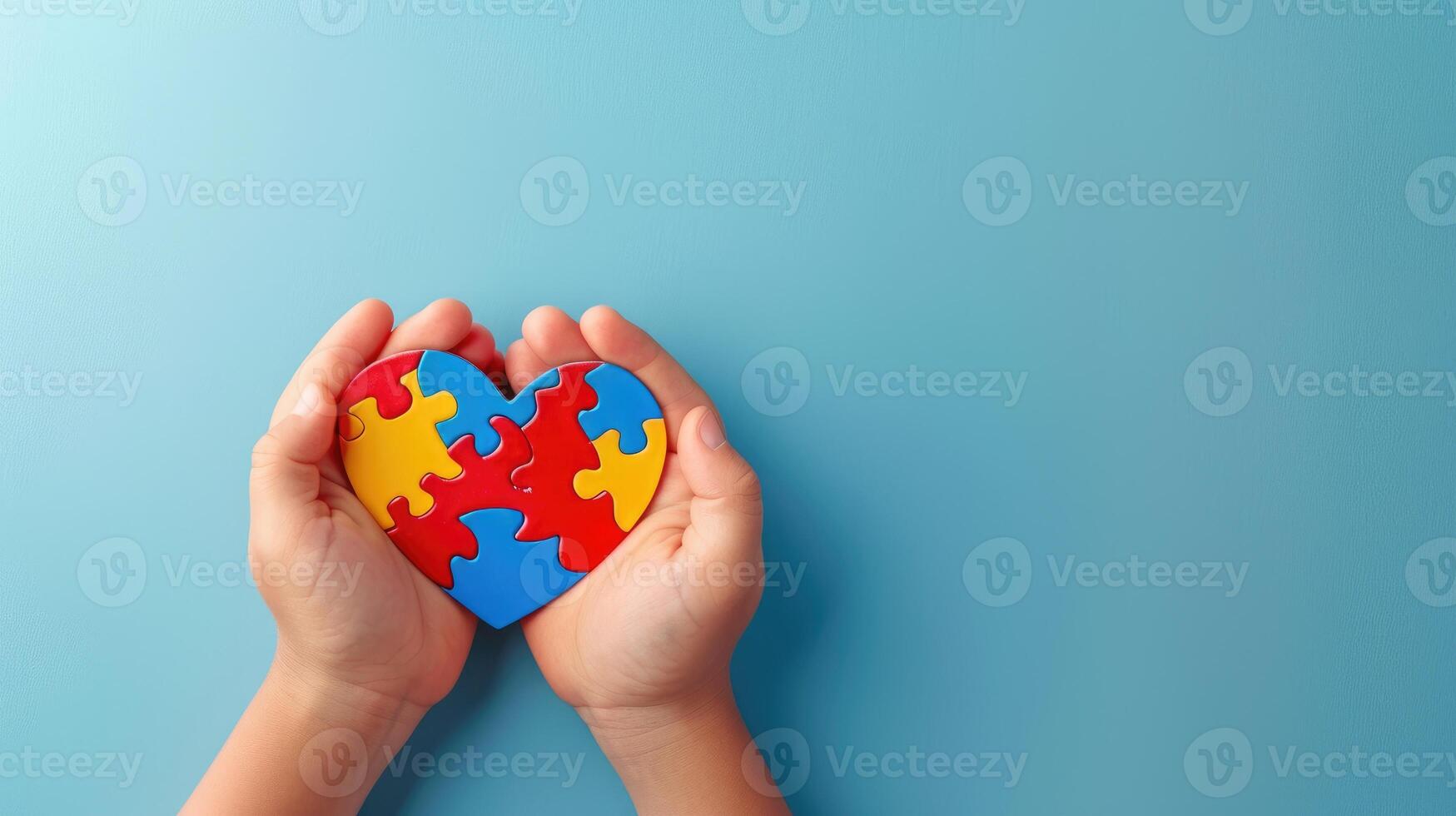 AI generated Child's hands clutch a puzzle heart against a light blue backdrop, Ai Generated photo