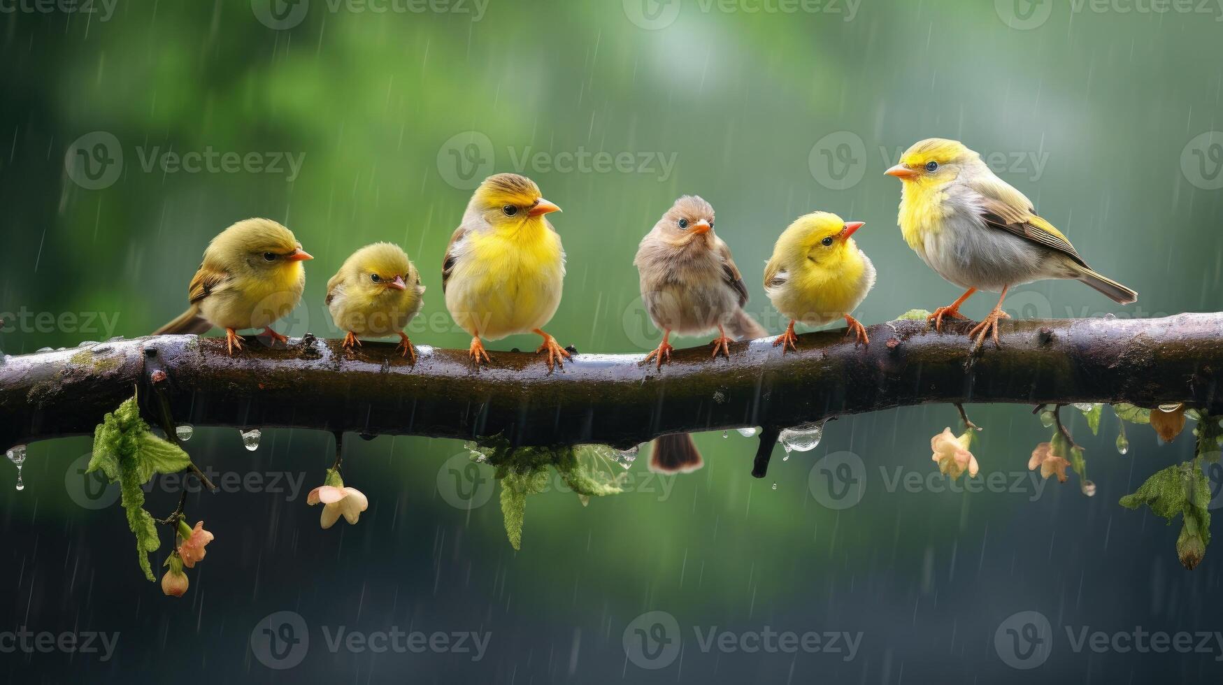 AI generated The image shows four birds sitting on a branch in the rain, Ai Generated photo