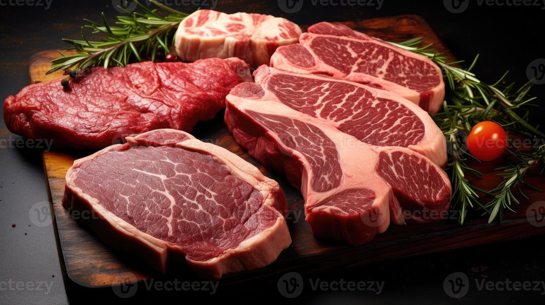 AI generated Assorted raw Black Angus Prime steaks, showcasing top-tier meat quality, Ai Generated. photo
