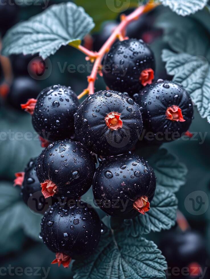 AI generated Dark, glossy blackcurrants clustered, bursting with rich hues, a visual symphony, Ai Generated. photo