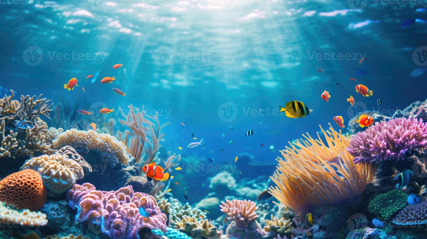 AI generated An underwater scene with a coral reef and exotic fishes showcases marine splendor, Ai Generated. photo