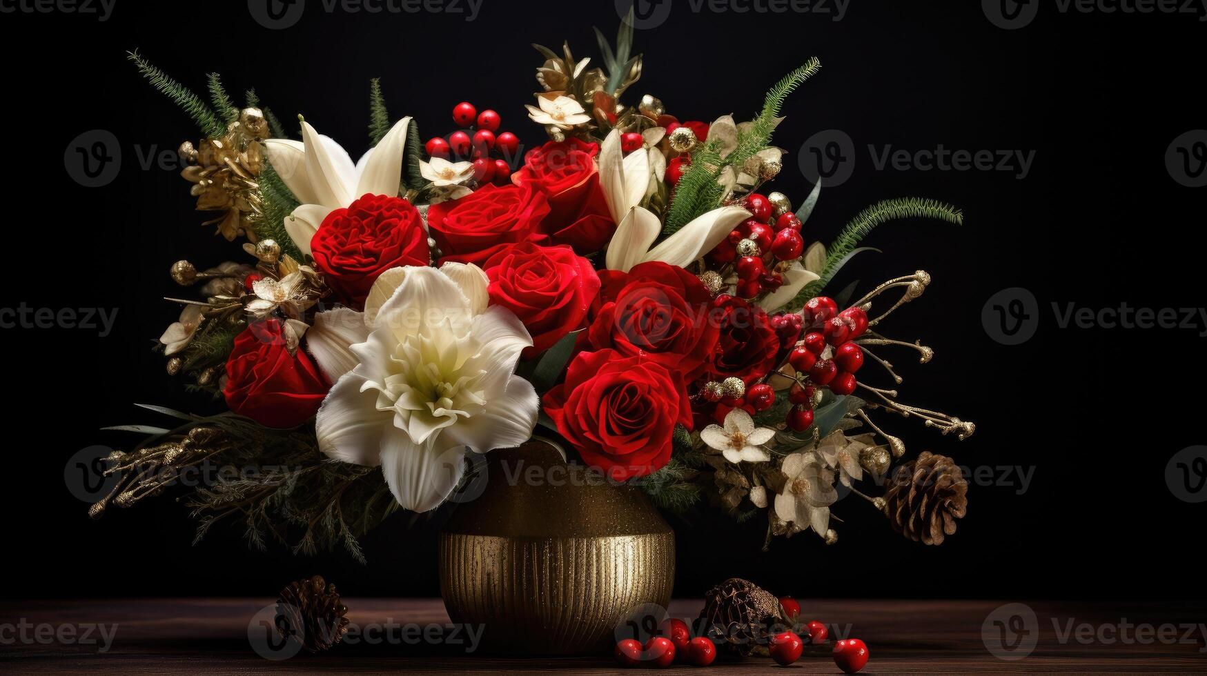 AI generated A Christmas flower graces a vase against a dark backdrop, radiating festive elegance, Ai Generated. photo