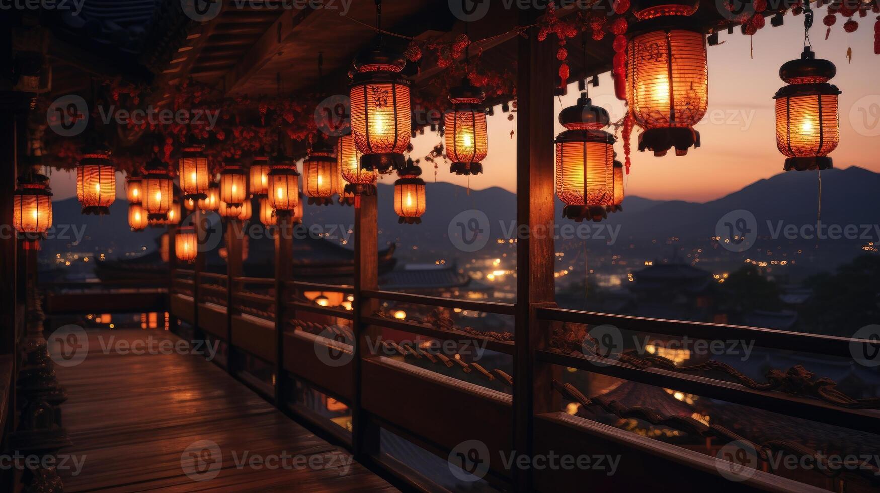 AI generated Red lanterns cast a soft glow, enhancing the festivity of the evening, Ai Generated photo