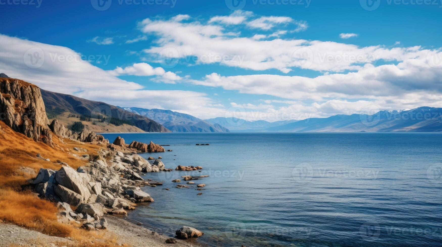 ai generado escénico baikal frente al lago, nubes flotando encima el agua, ai generado foto