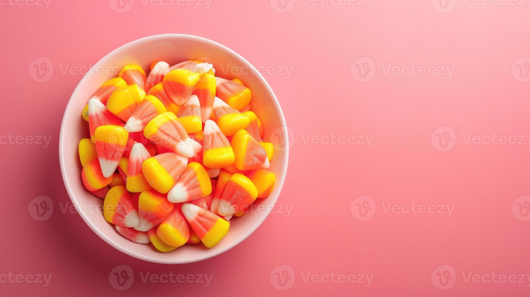 AI generated Vibrant candy corn in a bowl, against a striking pink backdrop, creating a delightful contrast, Ai Generated. photo