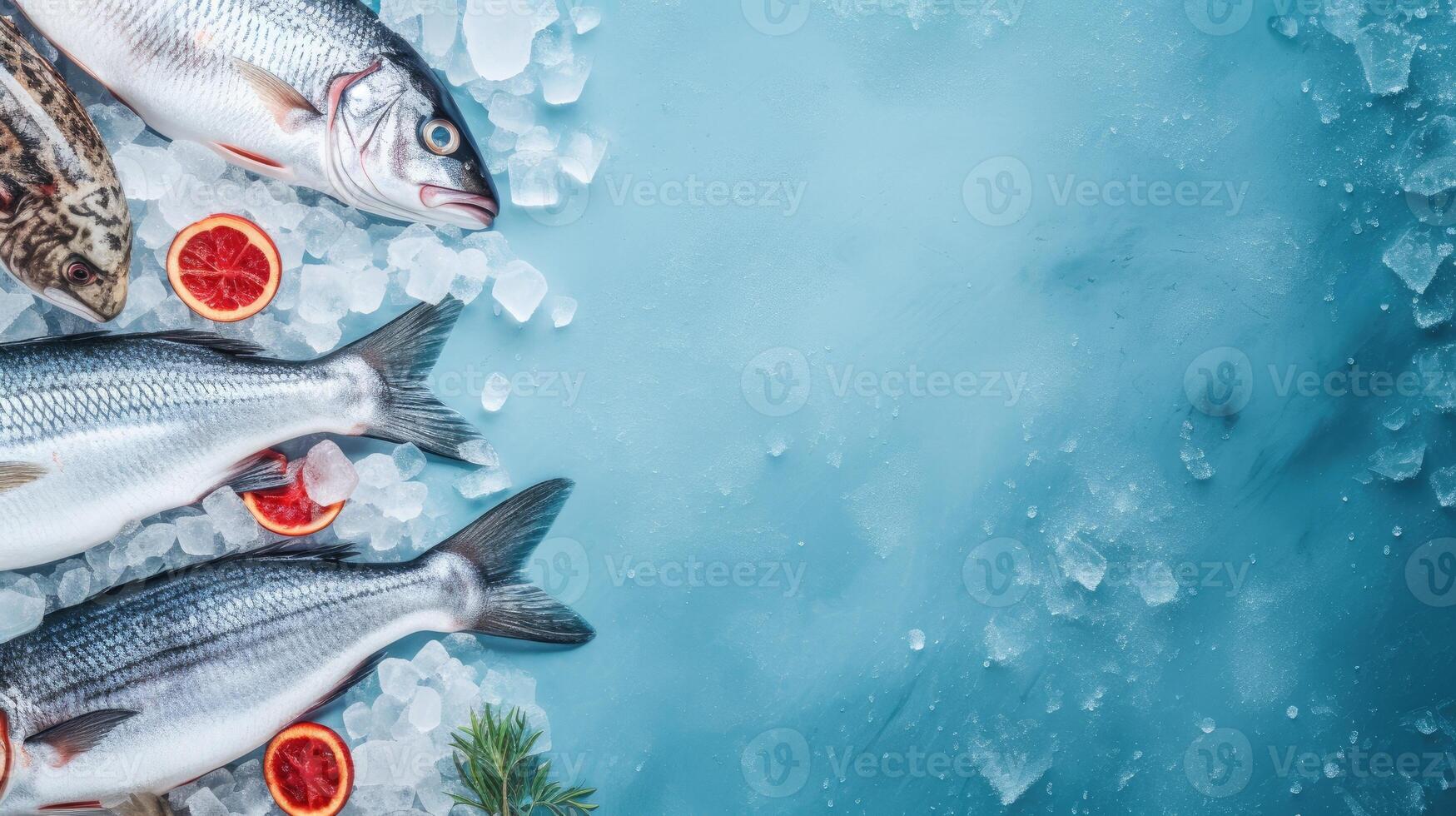 AI generated Fresh fish and seafood on ice, embodying a healthy eating theme. Viewed from above, including space, Ai Generated. photo