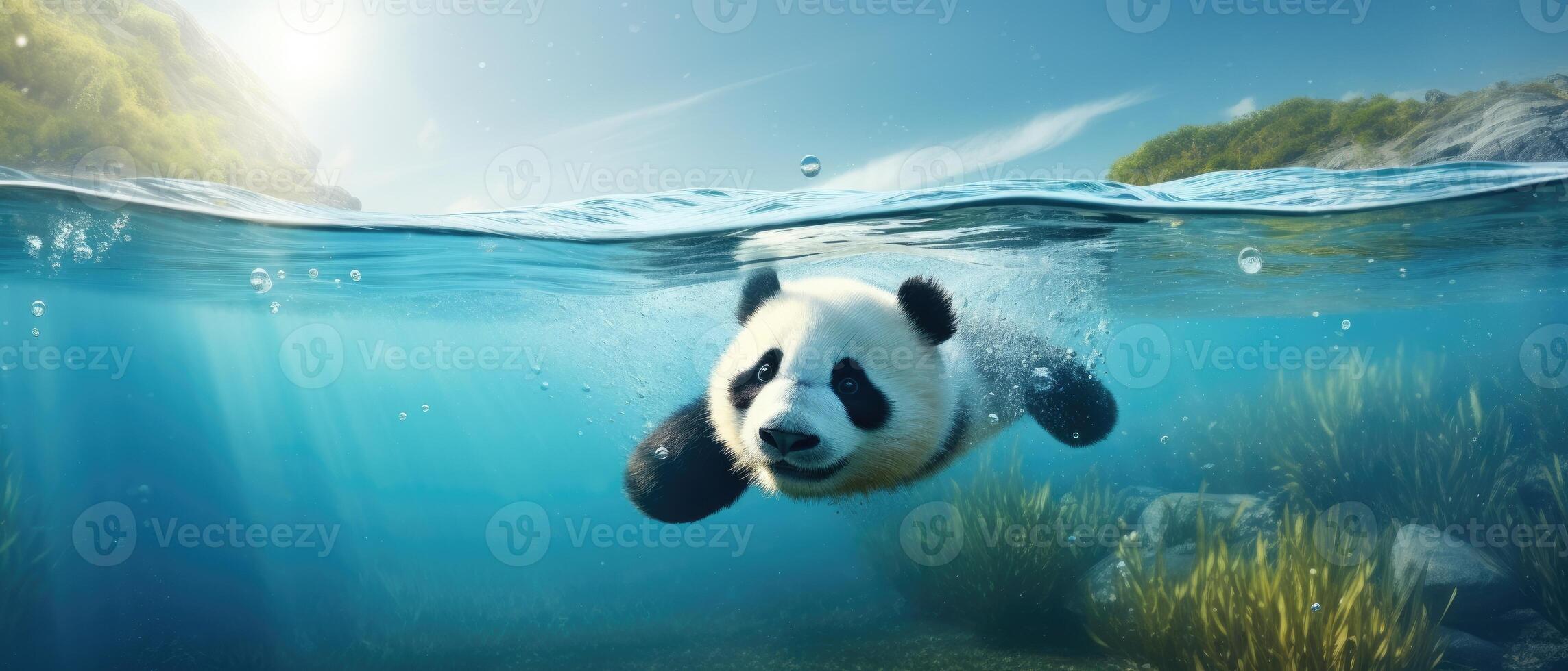 ai generado un panda oso cachorro es nadando submarino en un claro, azul río, ai generado foto