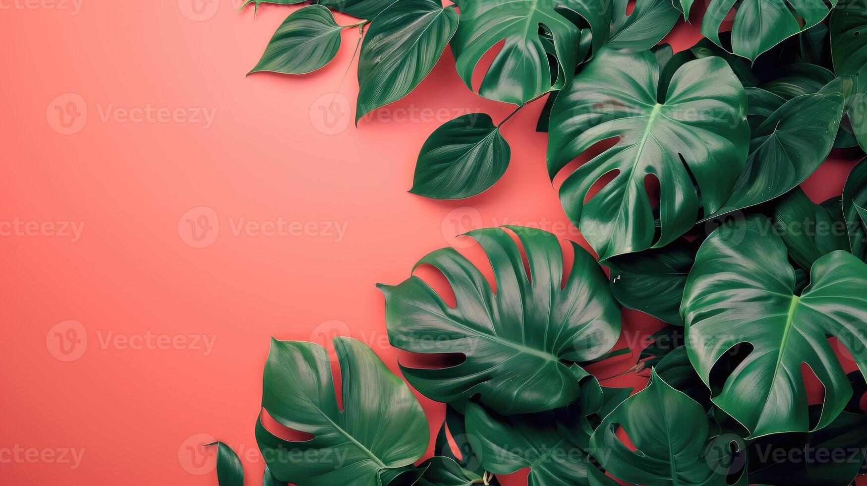 AI generated Tropical Philodendron leaves set against a coral hue, embodying a simplistic summer theme, Ai Generated. photo