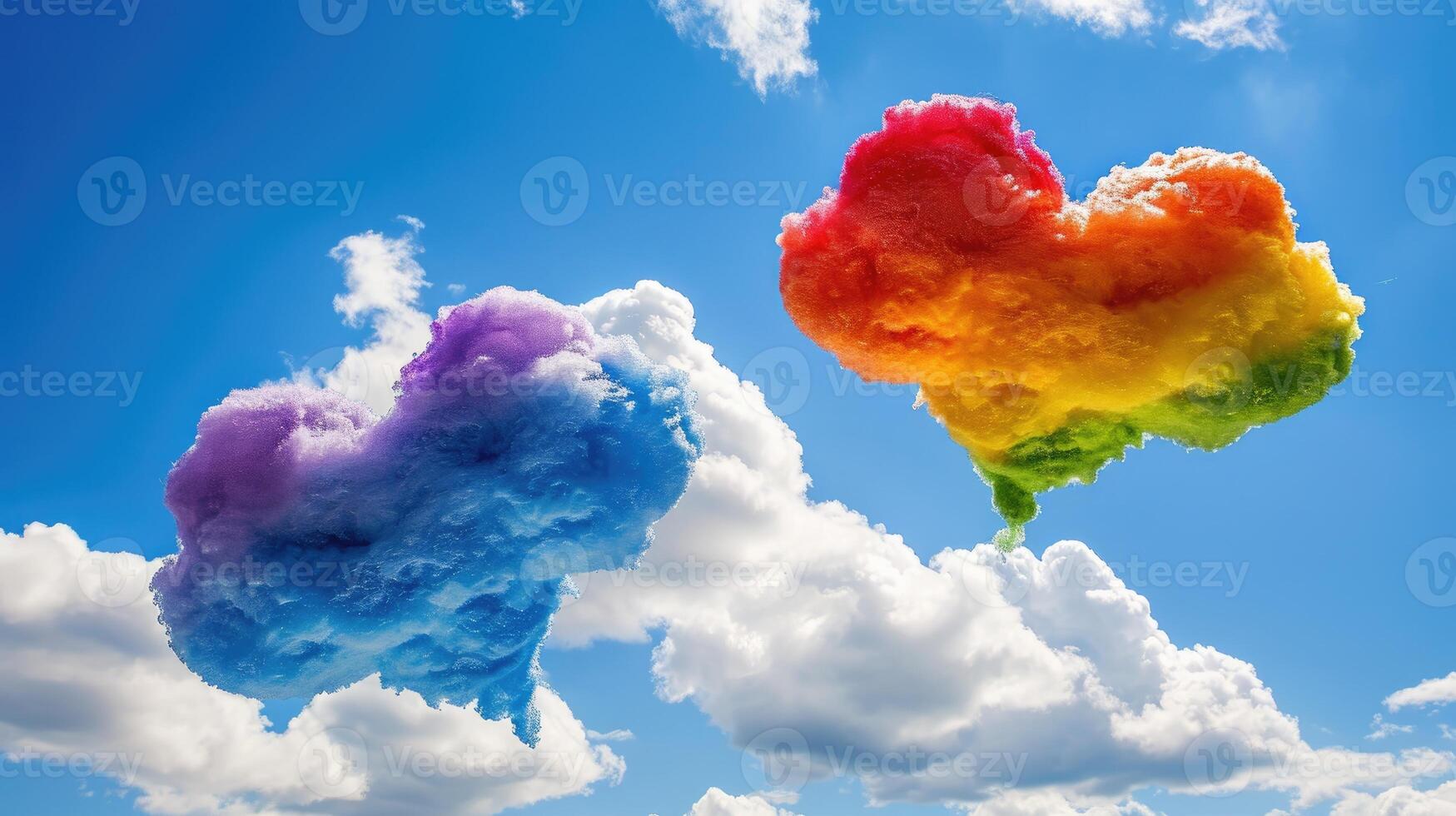 AI generated Colorful rainbow clouds in the shape of a heart on a blue sky on Valentine's Day, Ai Generated photo