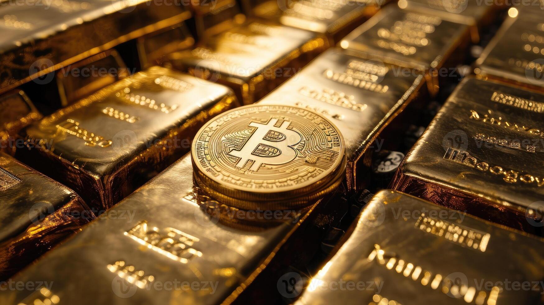 AI generated Gold bars adorned with the symbol of Bitcoin, blending traditional and digital wealth, Ai Generated photo
