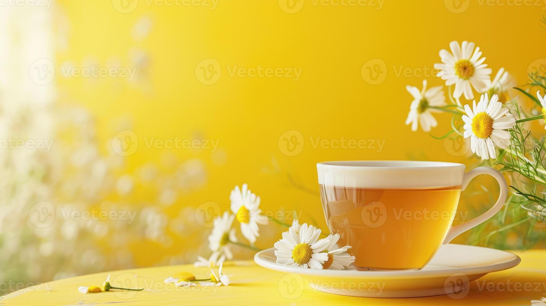 ai generado un taza de manzanilla té en un amarillo mesa, ai generado foto