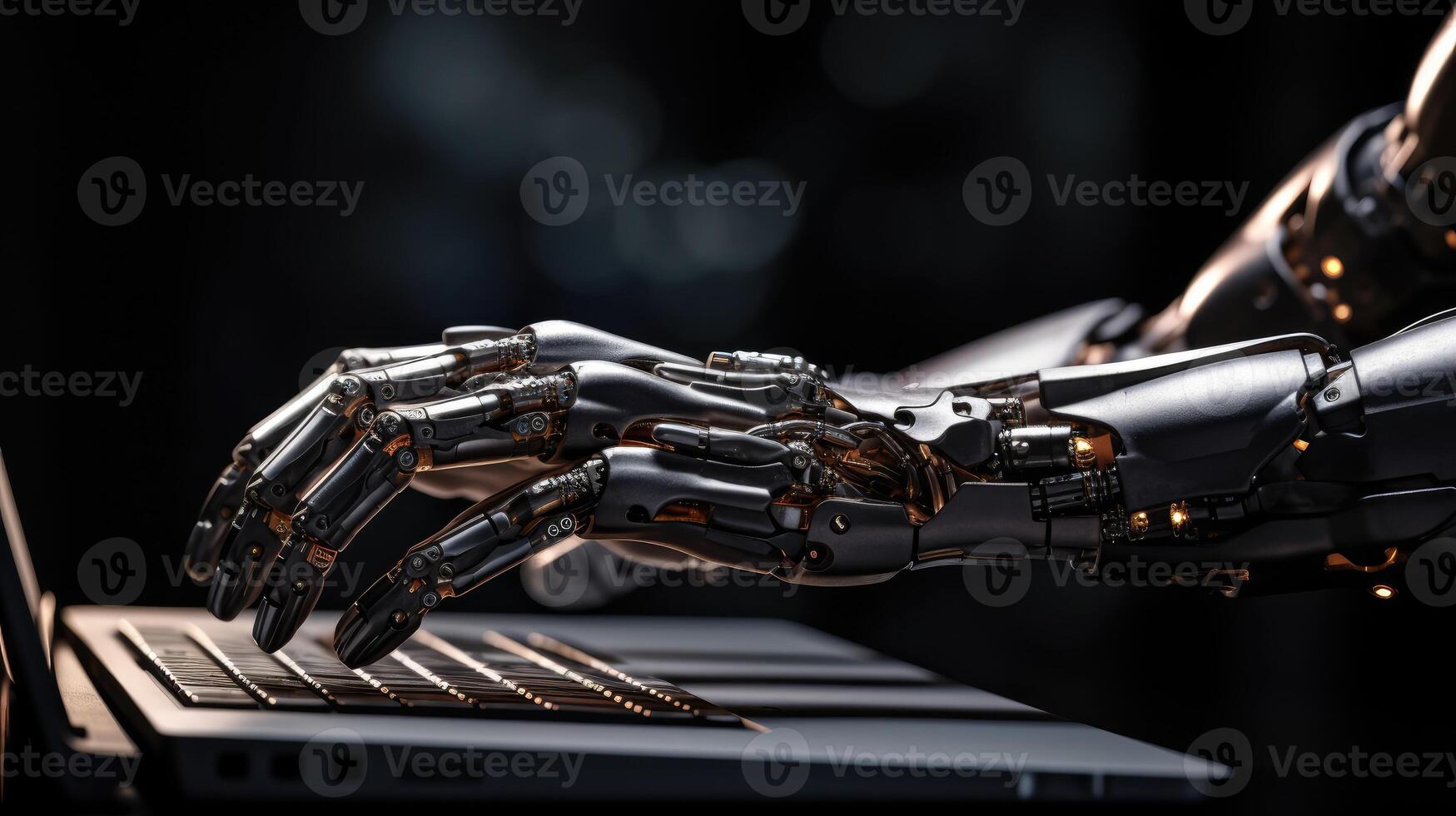 AI generated Close-up of a robotic arm pressing a key on a laptop computer, Ai Generated photo