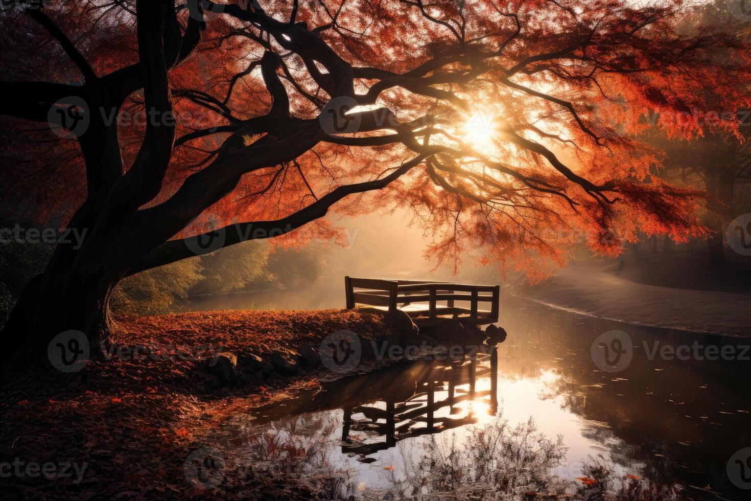 AI generated Experience the serene charm of a maple forest on an autumn morning, enhanced by a wooden bridge, through captivating landscape photography, Ai Generated. photo