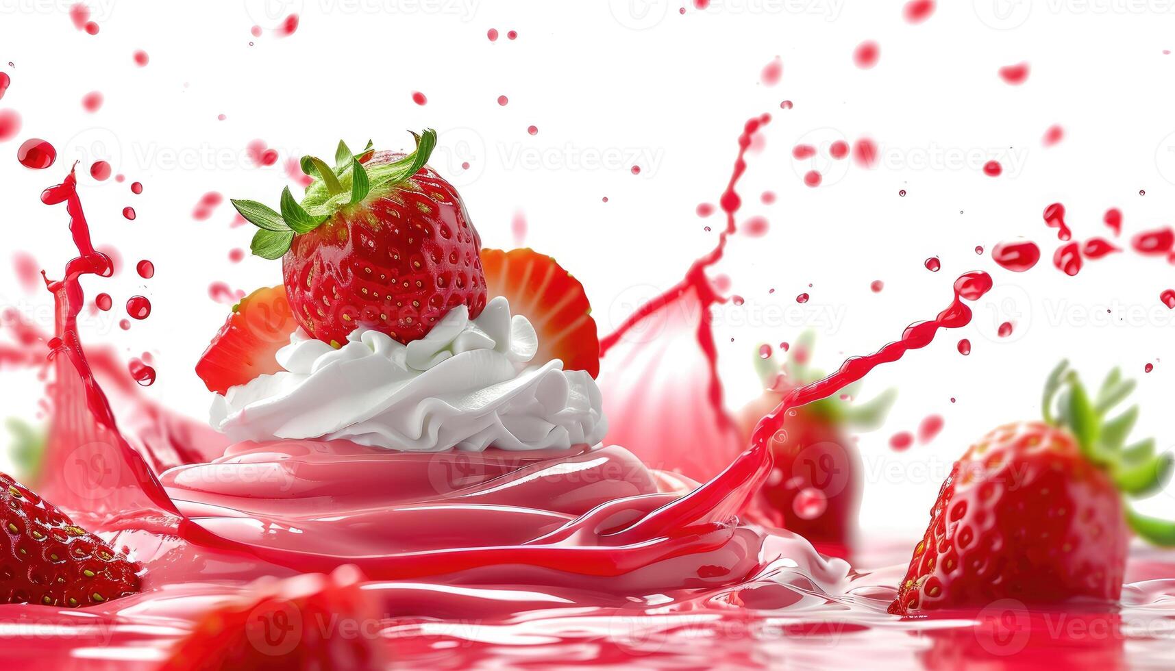 AI generated Isolated background featuring floating yogurt swirl adorned with vibrant strawberries. Ai Generated photo