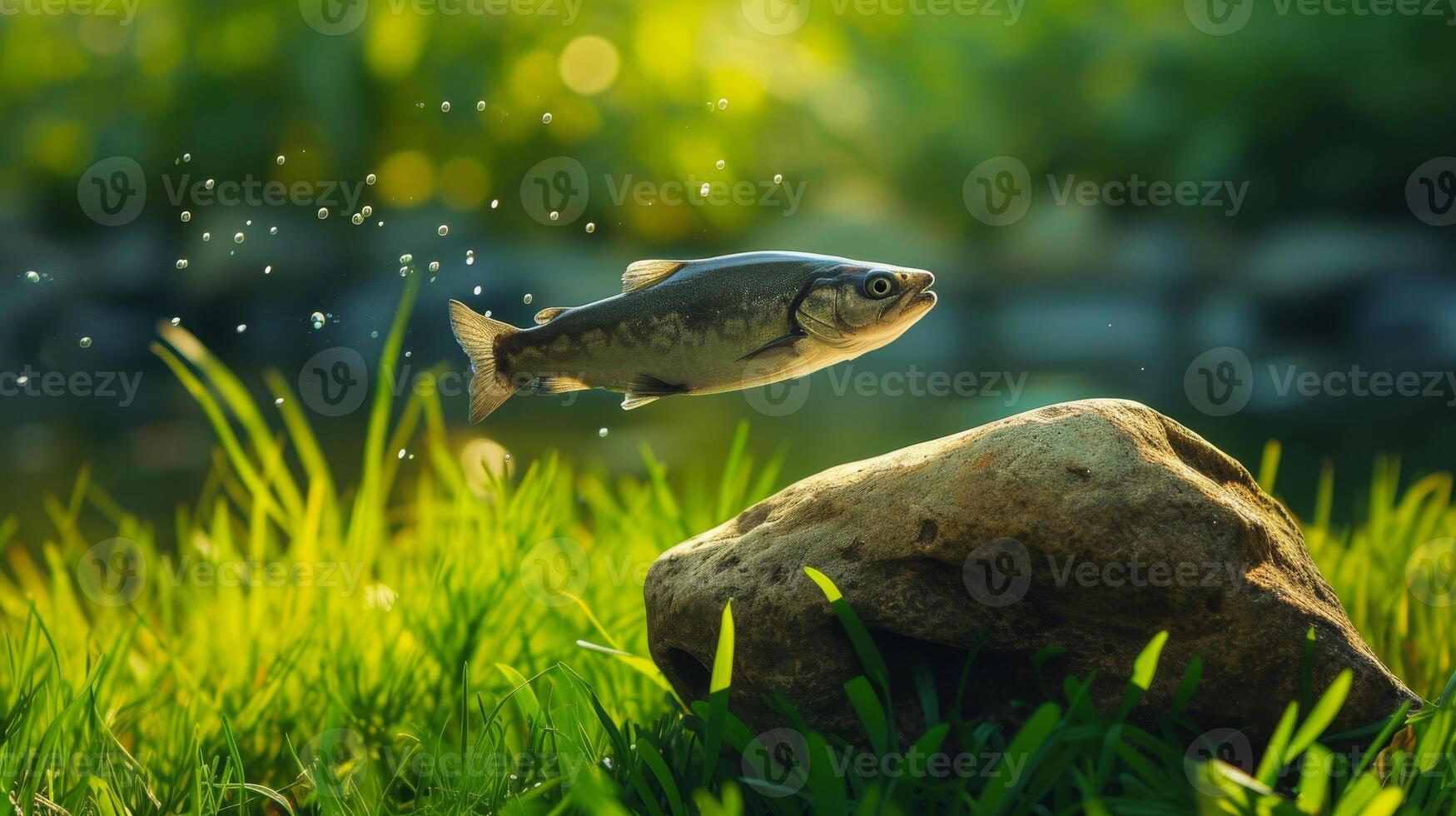 AI generated Surreal scene unfolds as a fish floats in the air above a rock amidst grass, Ai Generated. photo