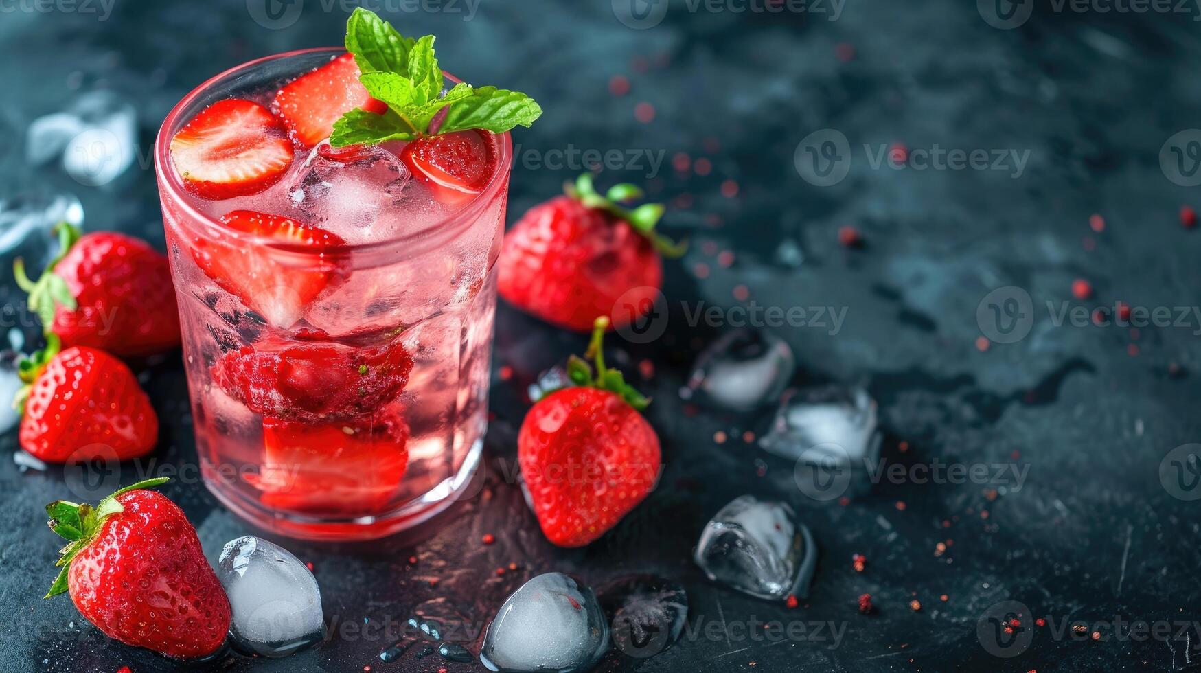 AI generated A glass of water with strawberries and ice cubes on a table, Ai Generated photo