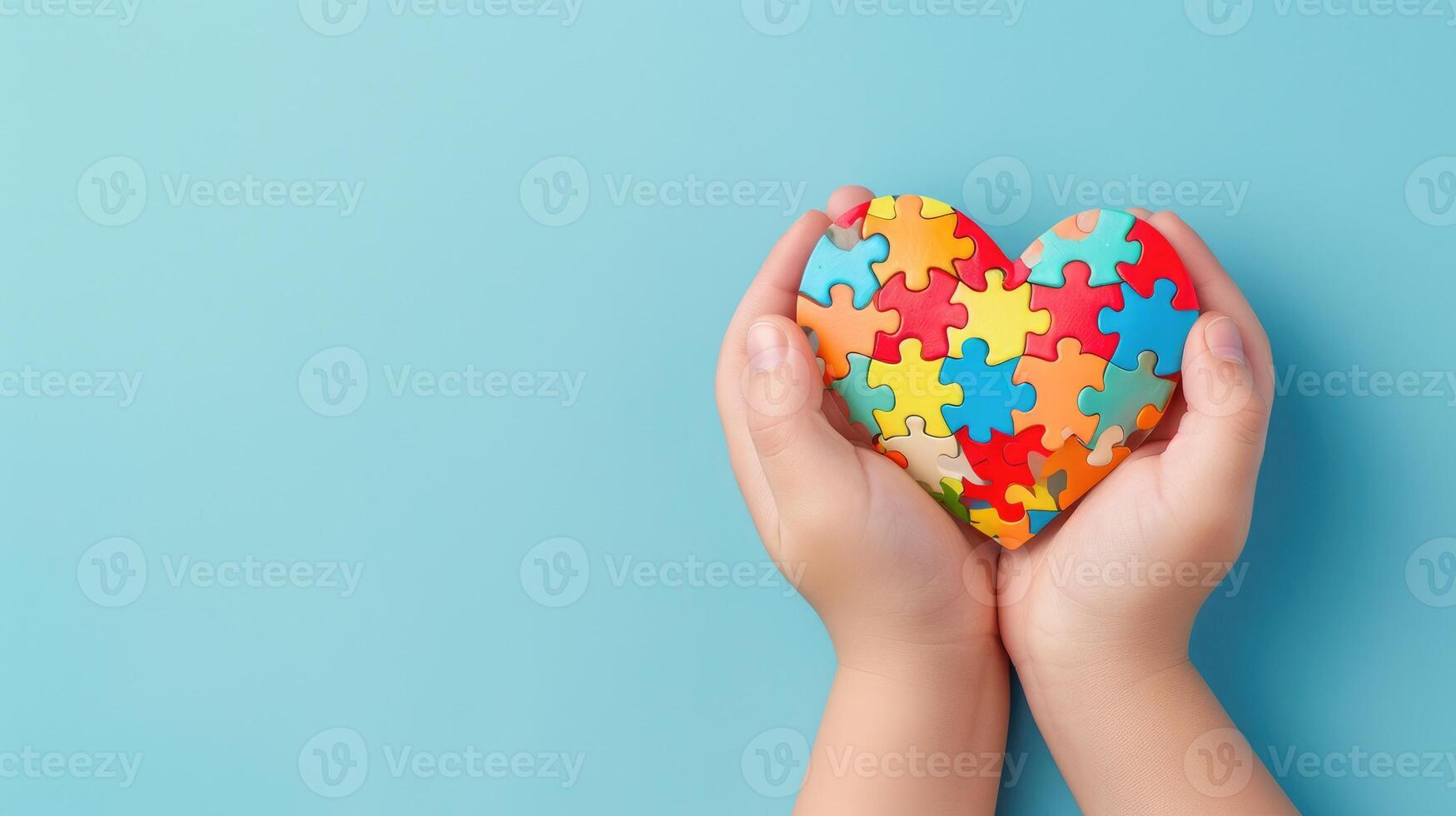 AI generated Child's hands clutch a puzzle heart against a light blue backdrop, Ai Generated photo