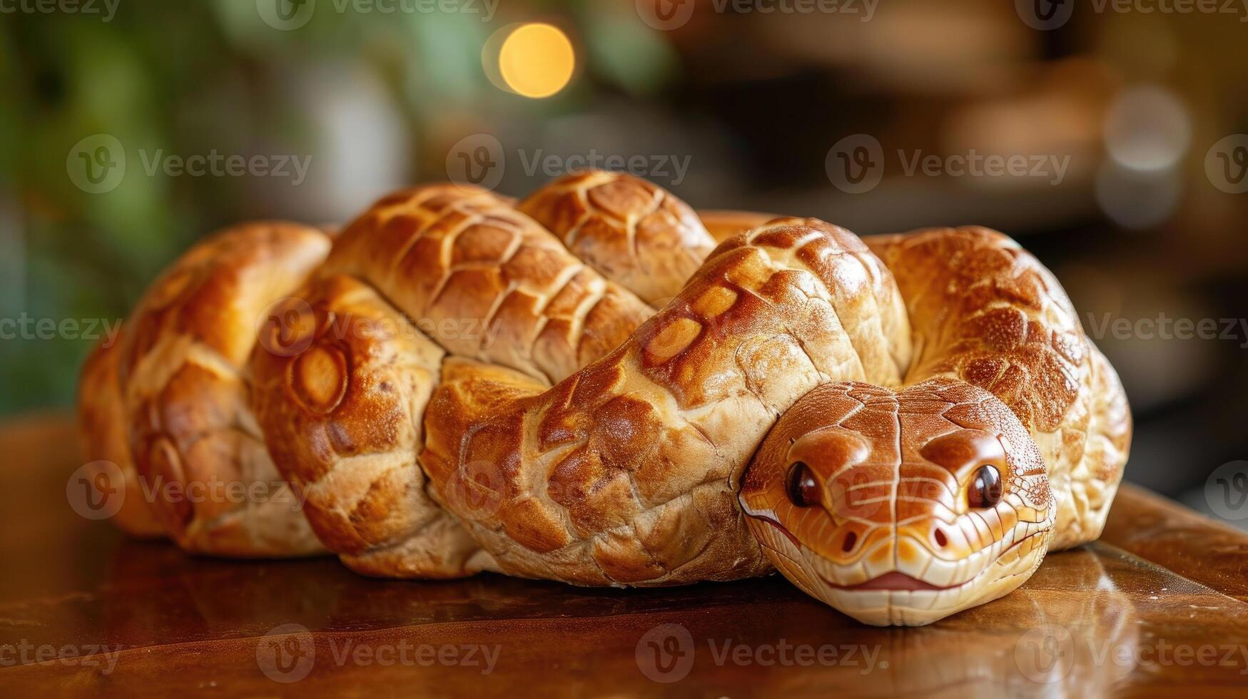 ai generado único un pan pan parecido a un cobra descansando en un de madera mesa, ai generado foto