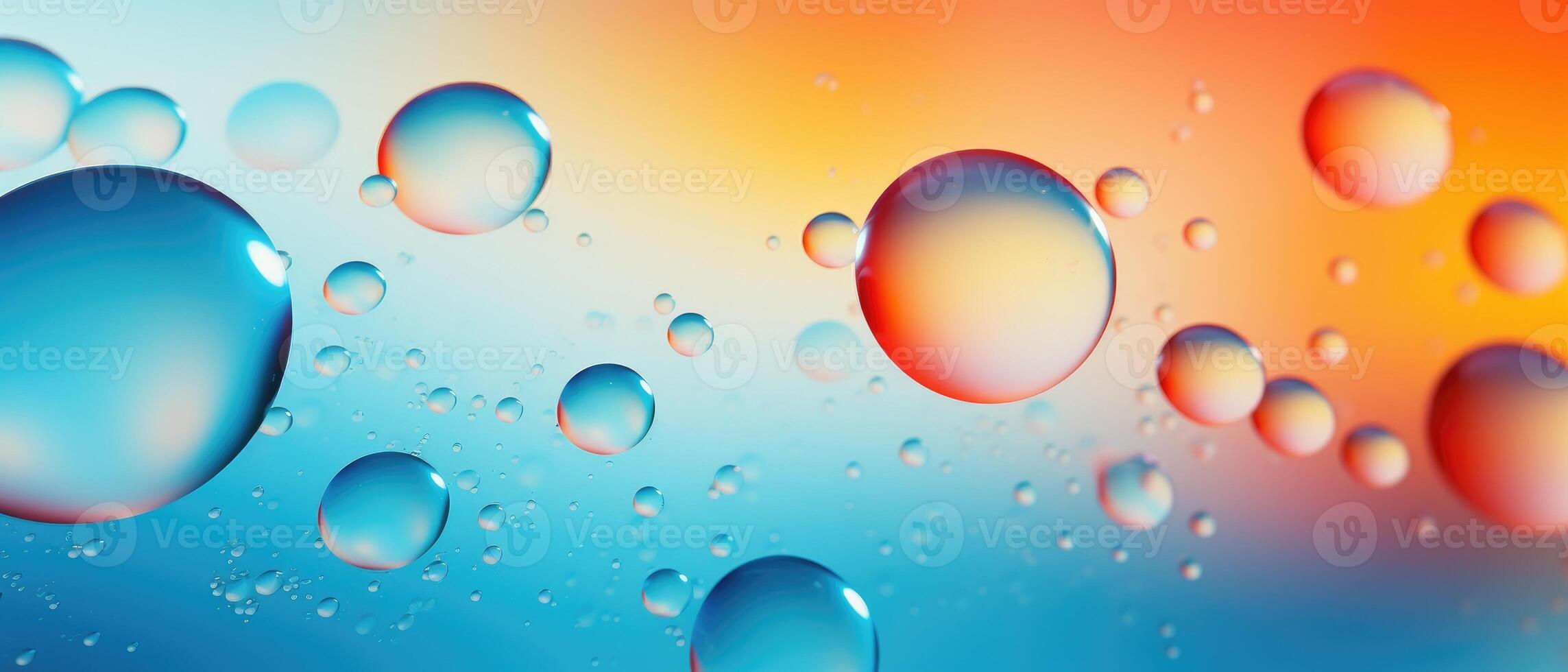 AI generated An enchanting scene featuring water droplets, bubbles, and liquid set against a vibrant gradient background of blue, orange, yellow, and red, Ai Generated. photo