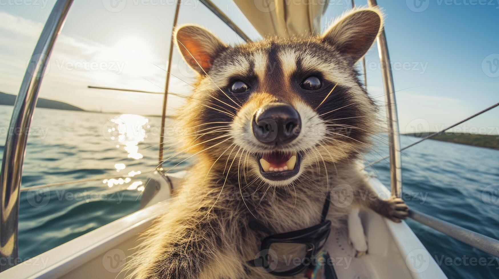 AI generated A raccoon is sitting on a boat in the ocean, Ai Generated photo