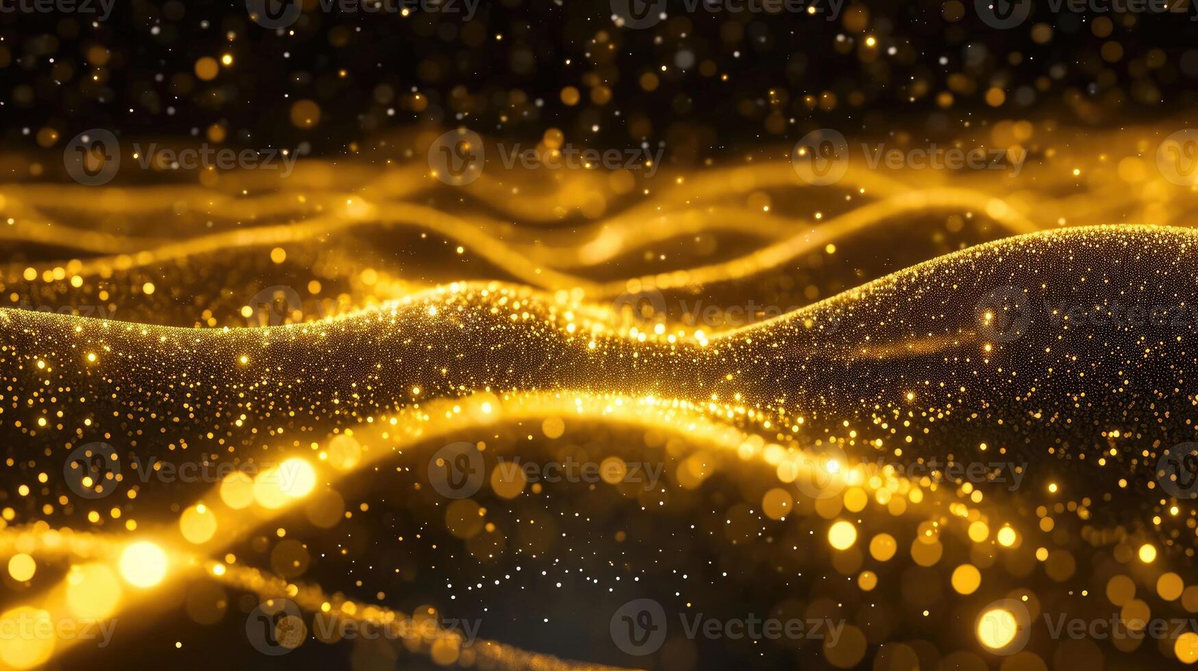 AI generated Abstract digital gold particles wave with shining floor stars dust, Ai Generated. photo
