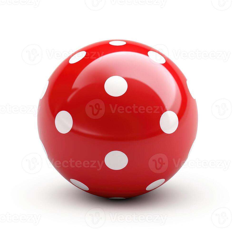 ai generado lustroso rojo caucho pelota adornado con blanco polca puntos, Perfecto para juguetón actividades, ai generado. foto