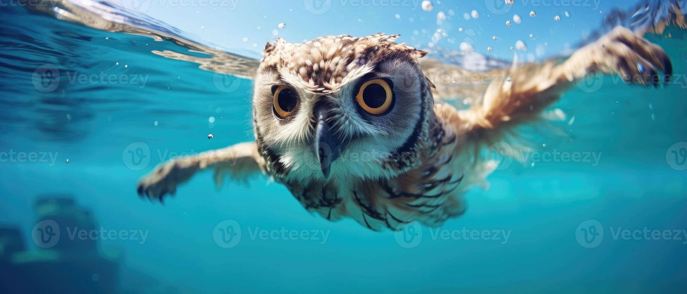 AI generated The image shows an owl swimming underwater in a pool of water, Ai Generated photo