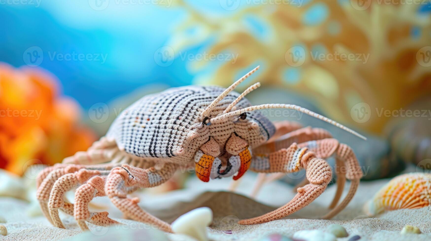 AI generated Crocheted horseshoecrab toy vibrant backdrop, handcrafted and adorable, Ai Generated photo