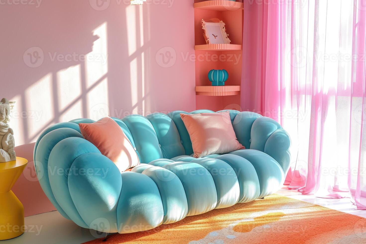 AI generated Admire the beauty of a modern, colorful, and soft interior featuring a stunning turquoise puffy sofa. Ai Generated photo