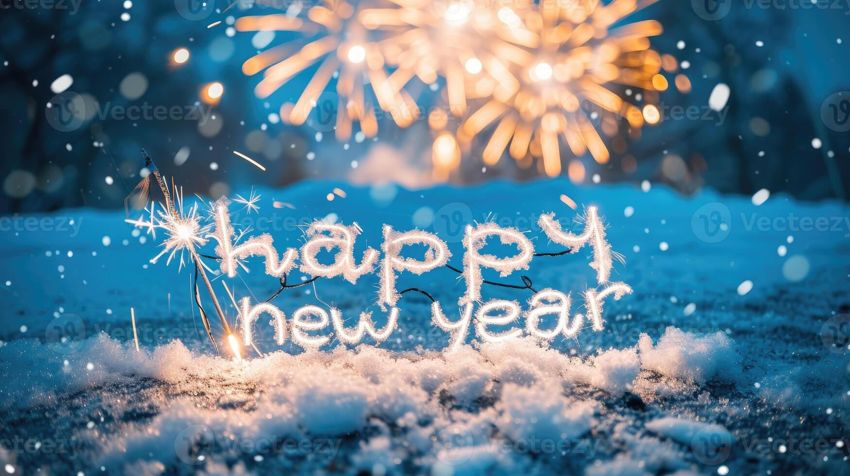 AI generated Happy New Year written in the snow on the ground, a wintry greeting, Ai Generated. photo