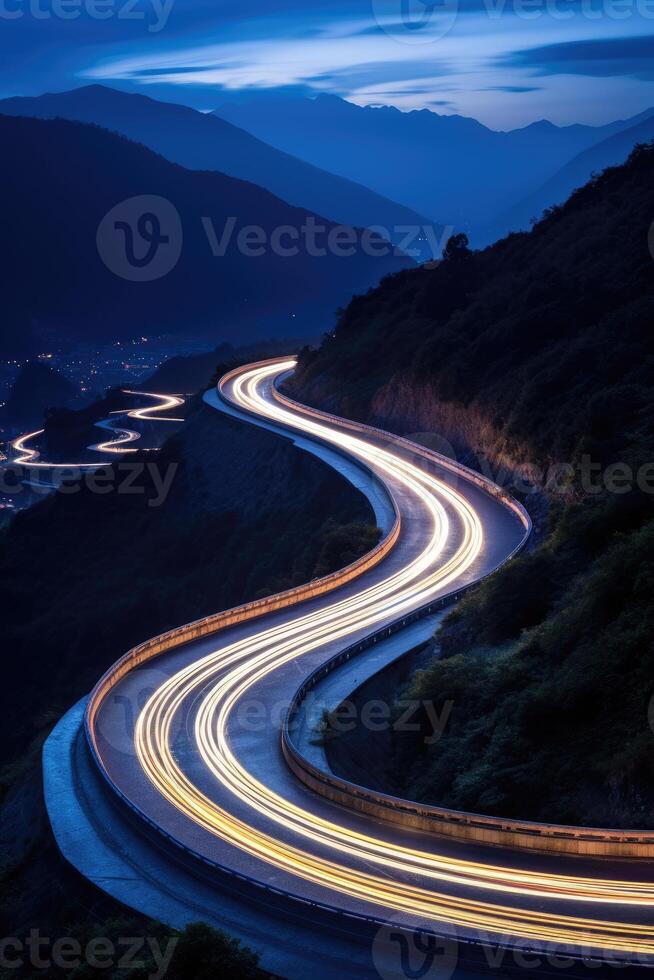 AI generated Cars' light trails on a curved asphalt road at night, a mesmerizing urban scene, Ai Generated. photo
