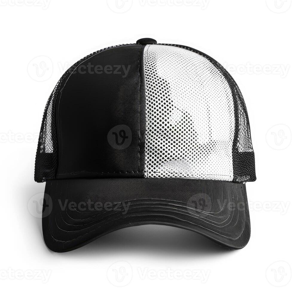 AI generated Trendy black and white mesh trucker hat isolated on white background, Ai Generated. photo